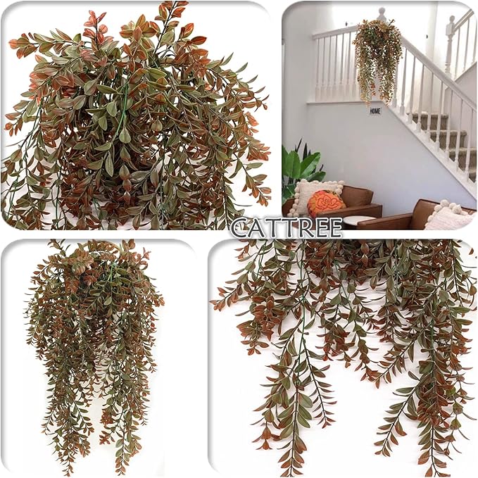 Artificial Hanging Vine, Faux Ivy Leaves Plastic Plants Greenery Fake Foliage Plant UV Resistant Vines Decor for Indoor Outdoor Home Kitchen Garden Office Wall Baskets Wedding Decoration Red 2 Pack