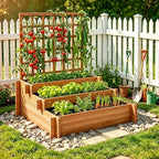3-Tier Raised Garden Bed with Trellis, 43.3" H Fir Wood Planter Box with Non-Woven Liner, Vertical Climbing Plant Support for Patio Yard, Outdoor Grow Beds for Flowers Herbs Vegetables Fruits