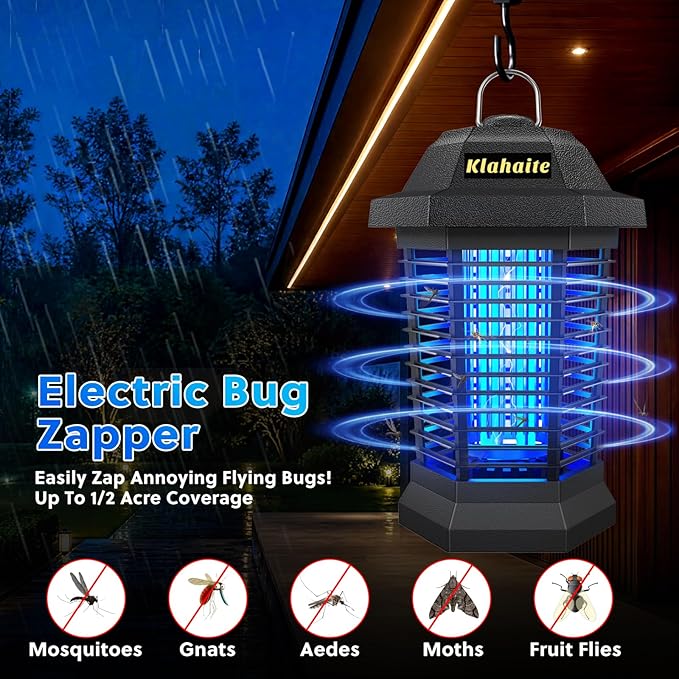 Klahaite Bug Zapper Outdoor, Electric Mosquito Zapper, Fly Zapper Indoor Fly Traps, Mosquito Repellent Outdoor Patio and Backyard Covers 1/2 Acre, 3 Prong Plug, 4200V, ABS Fireproof Plastic Outer