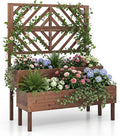 Giantex Raised Garden Bed with Trellis, 2-Tier Standing Planter Box with Legs and Drain Holes, Outdoor Elevated Garden Trellis for Vine Climbing, Flower Vegetable Fruit Herb Growing, Coffee Brown