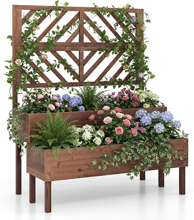 Giantex Raised Garden Bed with Trellis, 2-Tier Standing Planter Box with Legs and Drain Holes, Outdoor Elevated Garden Trellis for Vine Climbing, Flower Vegetable Fruit Herb Growing, Coffee Brown