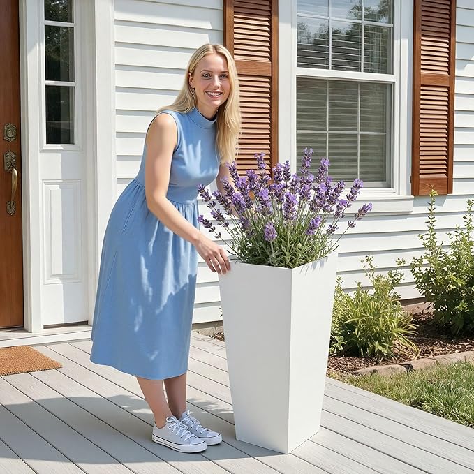 VEVOR 26 Inch Tall Planter Set of 2, Outdoor Large Tall Planters for Outdoor Indoor Plants, White Tapered Planter for Front Porch, Patio, Garden, Plant Container Flower Pots with Built-in Drainage