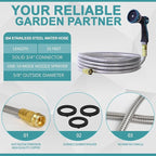 25FT Garden Hose, 304 Stainless Steel Water Hose, Flexible with a 10-Mode Nozzle Sprayer, No Kink, Lightweight, Puncture Proof, Ideal for Indoor & Outdoor Light Use, 5/8'' Outside Diameter