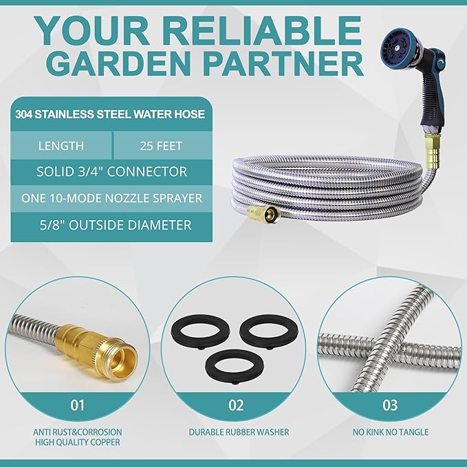 25FT Garden Hose, 304 Stainless Steel Water Hose, Flexible with a 10-Mode Nozzle Sprayer, No Kink, Lightweight, Puncture Proof, Ideal for Indoor & Outdoor Light Use, 5/8'' Outside Diameter