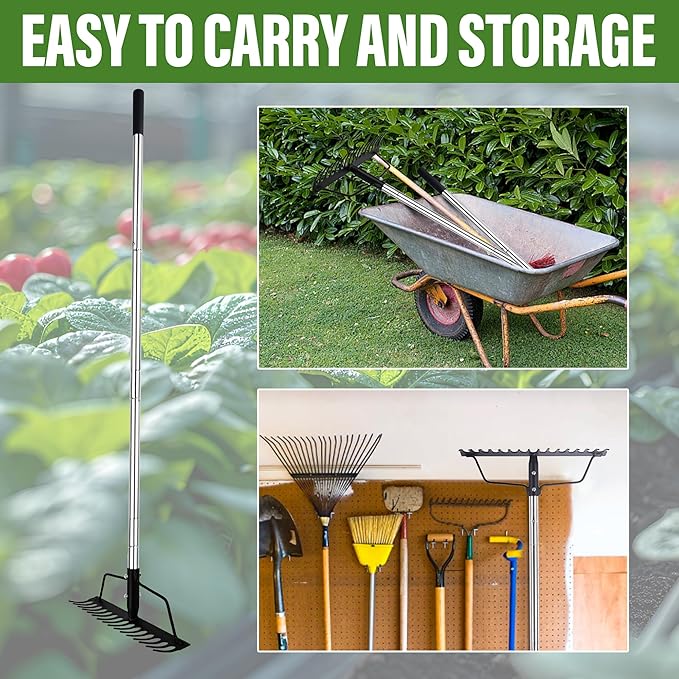 BARAYSTUS 15 Inch Wide Bow Rake, 16 Steel Tines Metal Head Rake Tool with Stainless Steel Handle, Adjustable Long Handle Garden Rake for Loosening Soil Leveling Mulch Gathering Lawns Leaves