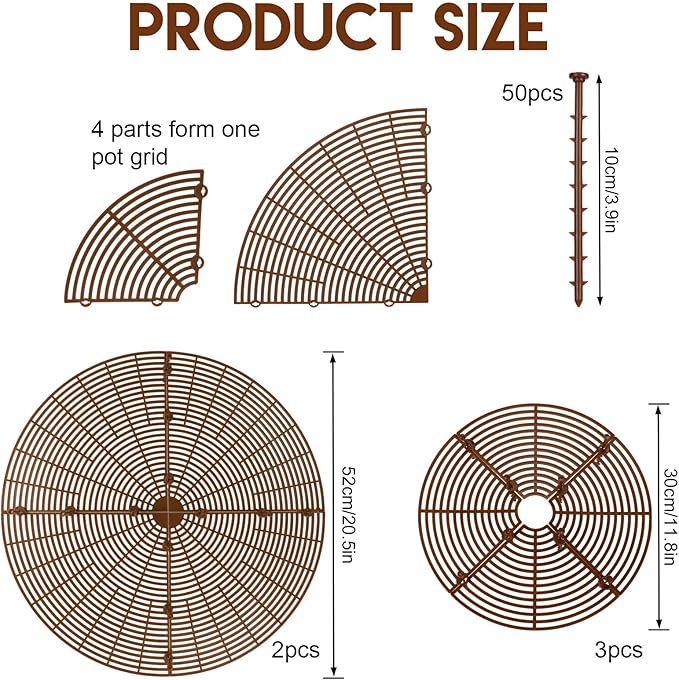 YGAOHF Soil Cover for Indoor Plants, 2 Pcs 20.8" and 3 Pcs 11.8" Plant Pot Grid Cover Protectors from Animals with Stakes, Plastic Cuttable Flower Cover for Cat Digging Stopper, Baby Safety, Brown