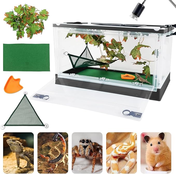 RunDuck Travel Portable Foldable Terrarium Kits for Reptiles -Heat-Resistant Material, Easy to Move with Wheels, Includes Plant, Feeding Bowl, and Carpet for Snakes, Lizards, Tortoises, and Leopard
