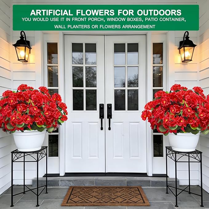 8 Bundles Artificial Geraniums Flowers for Outdoors Summer Mother's Day Derby Day Decor, Fake Cemetery Flowers Silk Red Flower UV Resistant No Fade Faux Plant for Porch Garden Home Planter Patio Decor