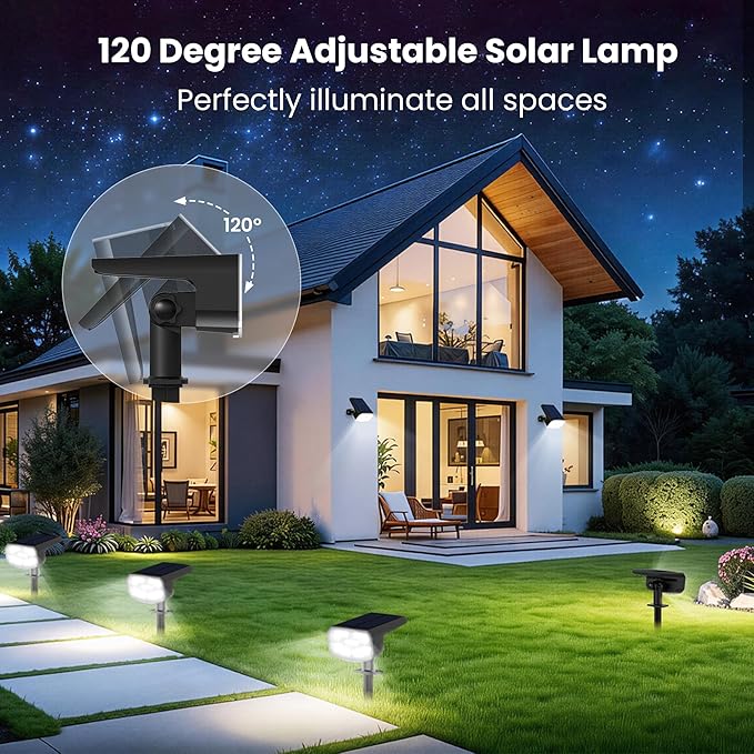 Solar Lights Outdoor Waterproof IP65, Super Bright LED, Cool Light 2 Lighting Modes Selectable, Solar Powered Yard Garden Solar Spot Lights for Outside Landscape Auto On/Off -2 Pack