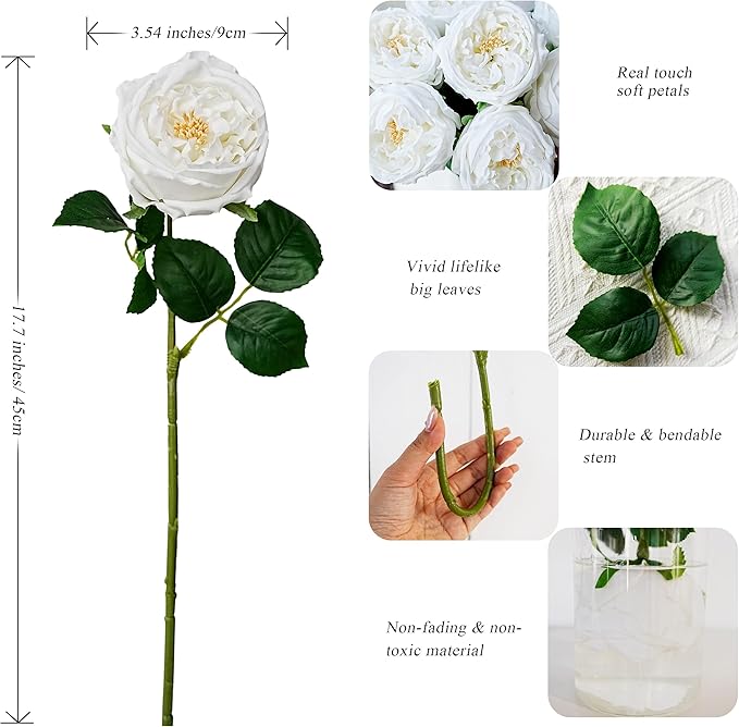 Jahe 6Pcs Fake Austin Flowers David Austin Roses, 17'' Faux Peonies for Flower Arrangements, Home Decor Peony Artificial Flowers, Living Room Decoration Vivid Roses Peonies, White