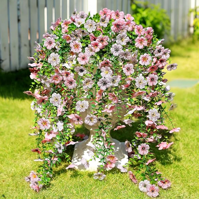 Artificial Flowers for Outdoors Spring Decor, 6 Bundles UV Resistant Realistic Faux Silk Hanging Flowers, Fake Plants for Planter Indoor Outside Garden Porch Patio Balcony Yard (Pink White)