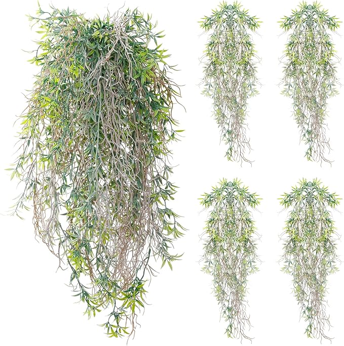 dallisten 4Pcs Fake Hanging Fern Plants for Outdoors, UV Resistant Artificial Ferns Greenery Vines Faux Trailing Plants for Indoor Wall Porch Wedding Boho Home Garden Decor(4PCS WhiteGreen Ferns)
