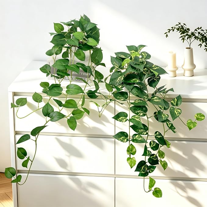 Artificial Hanging Plants with White Pots –2 Pack Fake Pothos Potted Plants Faux Ivy Vines 31.5‘’, Realistic Greenery Hanging Fakeplants Indoor for Home Decor, Bedroom, Bathroom, Office, Living Room