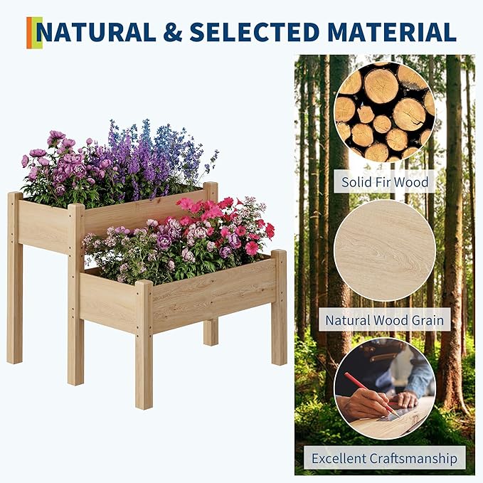 GarveeLife 34x34x29inches Two-Tier Wooden Raised Garden Bed with Legs, Large Elevated Outdoor Planter Box with 8 Drainage Holes, 352 Lbs Capacity for Vegetables, Herbs, Flowers, Backyard, Patio