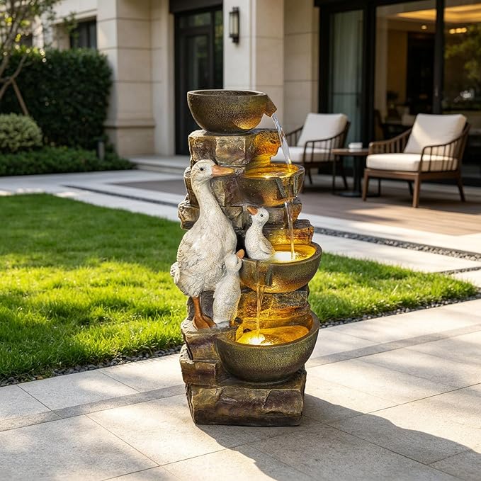 31.5" H Duck Outdoor Water Fountain, 4-Tier Cascading Garden Fountain with LED Light, Resin Waterfalls for Patio, Backyard, Yard, Porch, Front Door