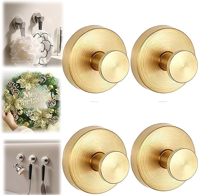 Suction Cup Hooks for Wreaths on Glass, Suction Cup Hooks for Inside Shower, Wreath Hangers for Front Doors, Metal Towel Hooks for Showers Bathrooms Mirrors (4, Gold)