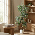 7FT Artificial Ficus Tree Indoor Outdoor, Fake Plants Indoor with White Pot, Realistic White-Edged Leaves Potted Tree for Home Office Decor