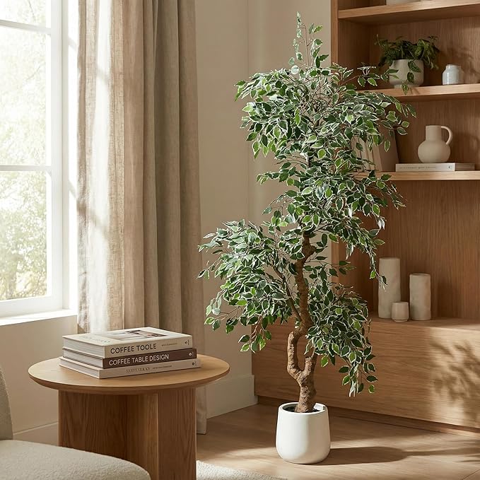 7FT Artificial Ficus Tree Indoor Outdoor, Fake Plants Indoor with White Pot, Realistic White-Edged Leaves Potted Tree for Home Office Decor