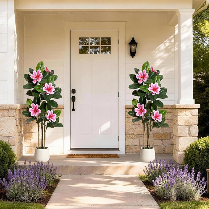 GarveeHome Faux Rubber Tree, 48 Inch Artificial Plants Indoor with Real Touch Leaves and Multi Trunks, Artificial Tree Fake Potted Plants with Pink Flowers for Home Decor Office Living Room