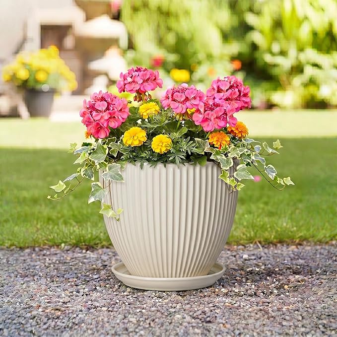 Ceramic Plant Pots, 10 Inch Pots for Plants with Drainage Hole and Saucer, Round Flower Pot for Indoor Plants, Decorative Indoor Planter, House Porch Decor, House Warming Gifts, Cream White