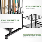 Sttoraboks Garden Tool Organizer Rack Up to 50 Tools, Heavy-Duty Steel Yard Tool Organizer for Garage Storage with 11 Hooks, Broom Holder & Garden Tool Rack for Shed, Patio, Outdoor Use, Black