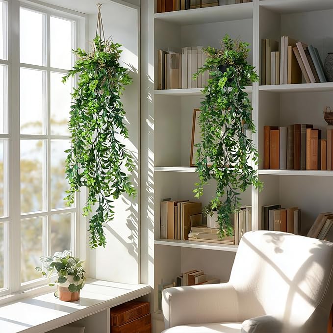 2 Pcs Faux Eucalyptus Vine Ivy Vine Artificial Hanging Plant Faux Plant Fake Potted Greenery for Wall Living Room Home Shelf Office Bathroom Outdoor Indoor Decor (Type 4)