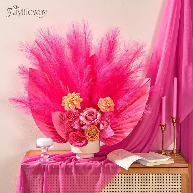 50 PCS Hot Pink Pampas Grass, 17in Pampas Grass Decor, Artificial Pompas Wall Decor for Vase Room Bedroom Kitchen Table Wedding Party Birthday Baby Showers（Hot Pink）