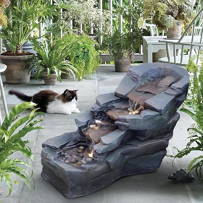 Sunlinua 28.6" L Outdoor Water Fountain with 3 Tiers Large Cascading Realistic Tree Trunk Waterfall Fountains with LED Lights Outdoor Water Fountain for Garden Patio Backyard Porch Home Decor