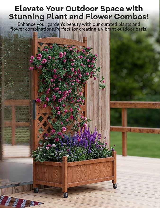 29.5"x13"x61.5" Large Wooden Raised Garden Bed with Trellis & Adjustable Wheels - Planter Box with Drainage Holes for Herbs, Flowers - Portable Indoor/Outdoor Use, 2 PCS