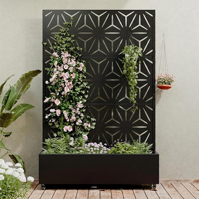 Casaphoria Metal Raised Garden Bed with Trellis and Wheels, 72"x47"x16" Planter Box for Climbing Plants, Vegetables & Vines, Features Drainage Holes and Privacy Screen (Black-Star)