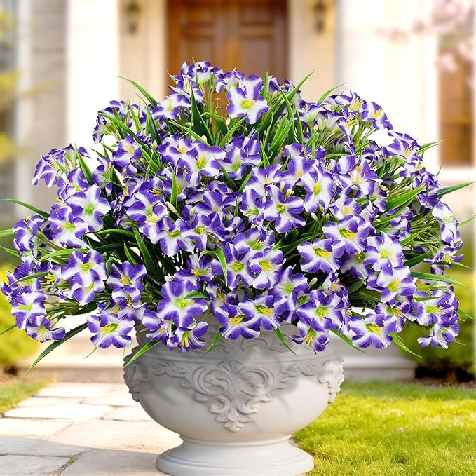 LikSoor Outdoors Artificial Flowers Spring Summer Decor Fake Petunias UV Resistant Flower Faux 12 Bundles Realistic Plastic Plant Porch Patio Window Box Garden Decoration (Purple)