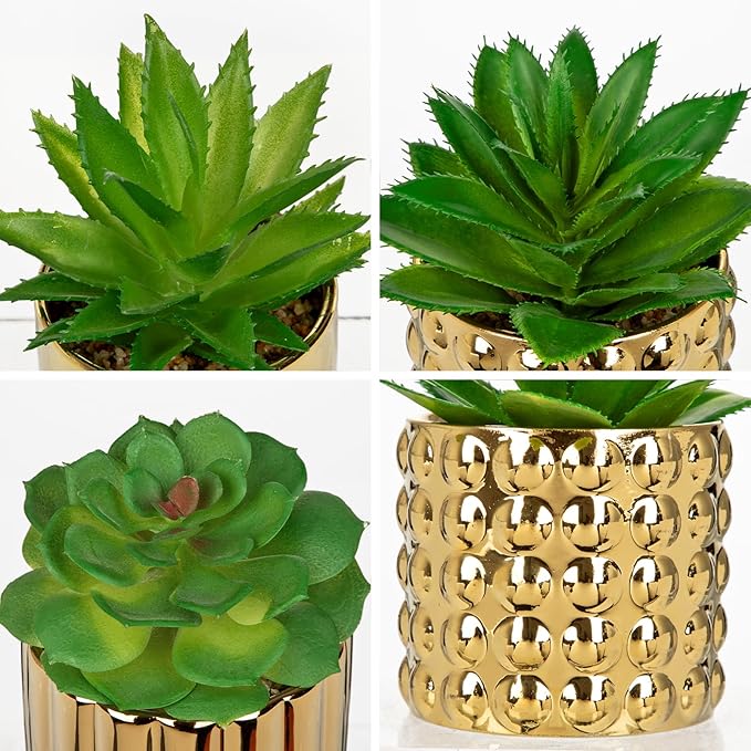 Briful Succulents Plants Artificial in Gold Ceramic Pots (Set of 3), Small Fake Plants for Home Office Desk Decor – Modern Mini Potted Succulents for Bathroom, Bedroom, Living Room Table, Shelf