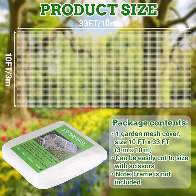 Ultra Fine 10'x33' Garden Netting,Pest Barrier & Bird Netting, Plant Mesh Net Row Cover for Garden,Greenhouse,Patio,Raised Beds, Protecting Vegetables, Flowers, Trees