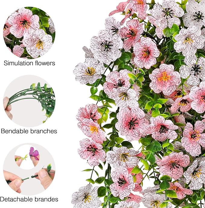 Artificial Flowers for Outdoors Spring Decor, 6 Bundles UV Resistant Realistic Faux Silk Hanging Flowers, Fake Plants for Planter Indoor Outside Garden Porch Patio Balcony Yard (Pink White)