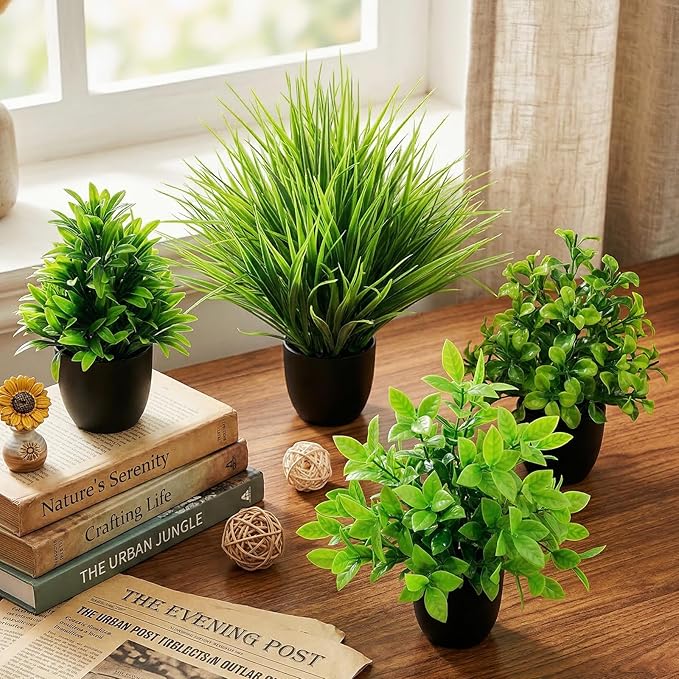 LOYWREE 4 Pack Mini Fake Plants Small Artificial Greenery Potted Plants in Black Pots for Home Office Desk Table Bathroom Farmhouse Room Decor