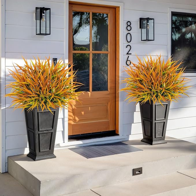 16 Pcs Artificial Plants Outdoor Fake Grass Faux Greenery Stems UV Resistant Plastic Plants Shrubs for Planters Patio Garden Front Porch Pathway Spring Summer Home Decor, Yellow
