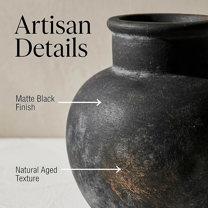 Farmhouse Table Vase, 5.7 Inch Bronze Ceramic Pot, Rustic Boho Terracotta Decor for Shelf, Mantel, Bookshelf, Living Room, Handmade Aged Look Centerpiece