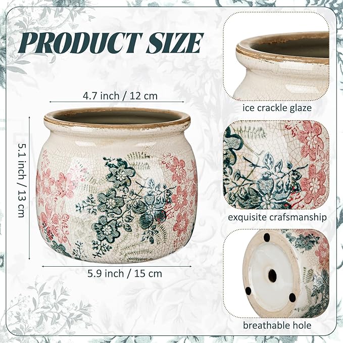Vintage Planter Large Ceramic Plants Pot Green Pink Rose Ice Cottage Scroll Vase Flower Vase Pot Indoor Plants Home Decor Farmhouse Antique Decorative Gifts