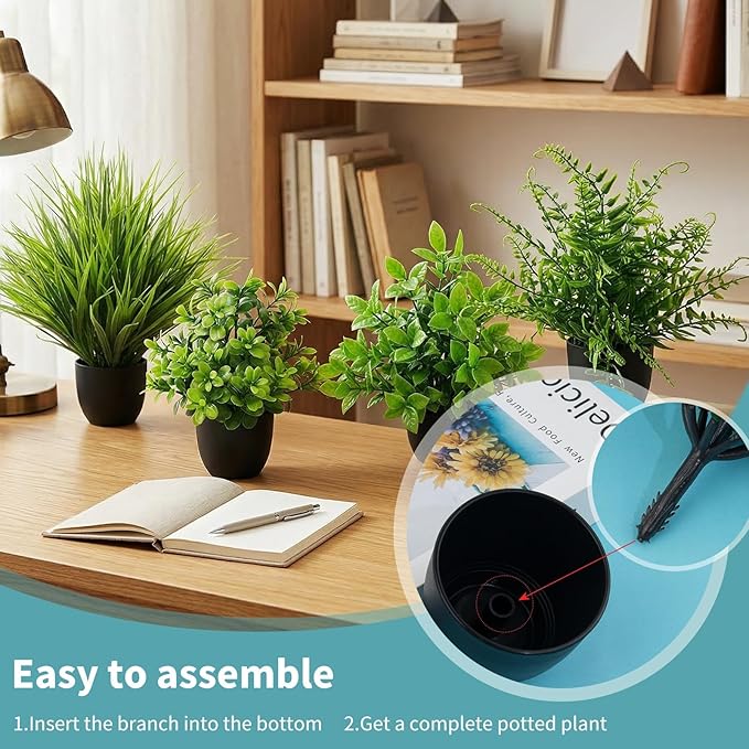 LOYWREE 4 Pack Artificial Plants Mini Fake Potted Plants Small Faux Greenery for Indoor Home Office Desk Table Shelf Farmhouse Bathroom Kitchen Coffee Table Laundry Room Decor