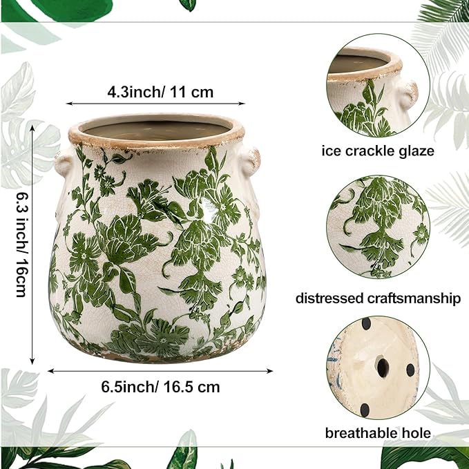 3 Pcs Ceramic Pots for Plants - 6.3 in Vintage Scroll Plant Pots with Drainage Hole Crackle Glaze Ceramic Planters for Home, Garden, Kitchen