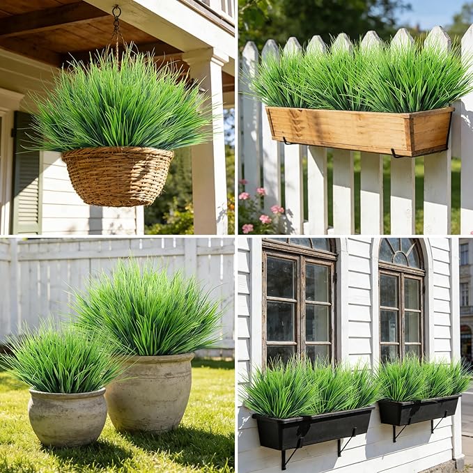 Roberly 24 Bundles Artificial Grass Plants for Outdoors UV Resistant Plastic Fake Grass Plants Faux Greenery Stems for Porch Garden Window Box Indoor Outdoor Spring Summer Home Farmhouse Decor, Green