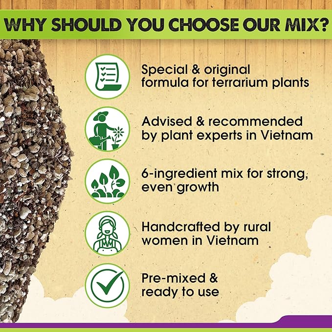 DUSPRO Recycle Premium 6in1 Terrarium Soil Mix – Pre-Mixed Terrarium Substrate Mix for Terrariums, Balanced Moisture Growing Medium with Coco Coir, Peat Moss, Pine Bark, Perlite, Pumice & Zeolite 4QRT