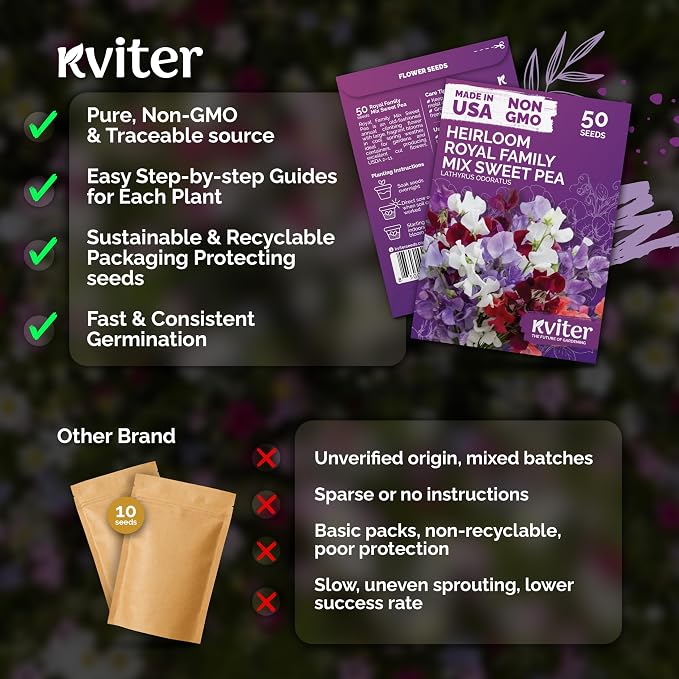 KVITER 50 Royal Family Mix Sweet Pea Seeds (Lathyrus Odoratus) - Sweet Pea Non GMO Seed Packets, Fragrant Climbing Large Blooms - Annual Flower Seeds for Outdoor Garden, Containers, Cut Flowers
