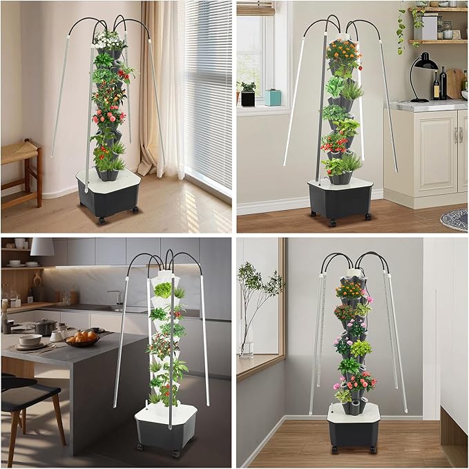 Hydroponic Growing System Herb Garden, 40 Pods Smart Indoor Gardening System w/Grow LED Light Full Spectrum & Water Circulation, Hydroponic Tower Plants Germination Kit for Herbs, Vegetables (Grey)