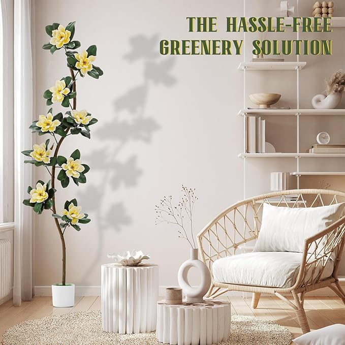 Jexine 7 ft Artificial Rubber Tree with 9 Magnolia Flowers in Pot Extra Tall Faux Magnolia Tree Fake Plant Indoor Floor Plant for Indoor Living Room Office Home Decor