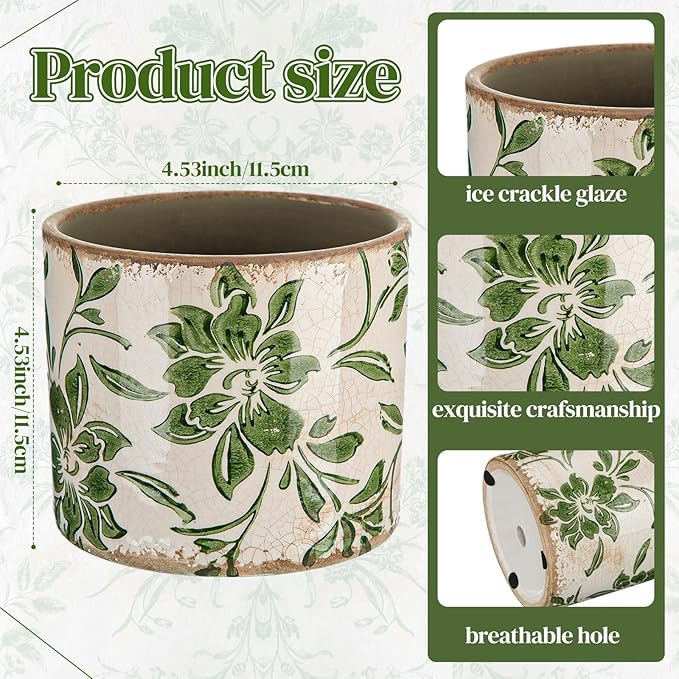 Potchen Indoor Ceramic Plant Pots with Drainage Hole 5 Inch Chinese Glaze Ice Crack Flower Pot Vintage Succulent Pots Porcelain Decorative Planter for Plants Herb Home Decor(Green,Leaves Style)