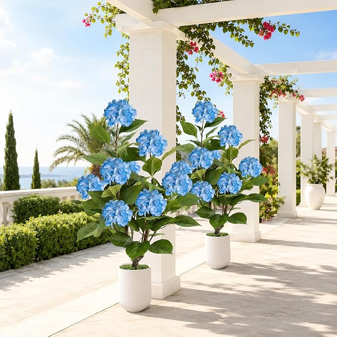 3FT Artificial Hydrangea Tree 2 Pack, Realistic Faux Hydrangea Plants in Pot with Blue Flowers, Lifelike Faux Greenery Home Indoor Outdoor Front Porch Garden or Wedding, Blue