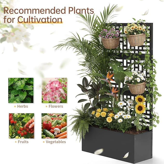 Outvita Metal Planter Box with Trellis, 44’’ x 24’’ x 9’’ Raised Garden Bed with Drainage Holes for Climbing Plants, Vegetables, Vines, Privacy Planters for Patio (Black)