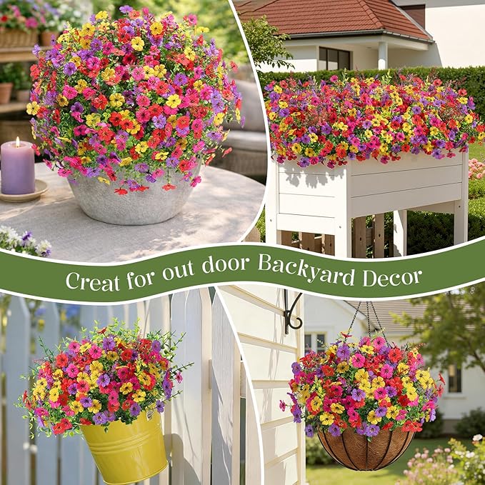 SHareconn 24 Bundles Artificial Flowers for Outdoors Decoration, Faux Plants Fake Silk Colorful Daisy Eucalyptus Lavender, UV Resistant for Outside Home Porch Indoor Spring Decor, RedRosyPurpleYellow