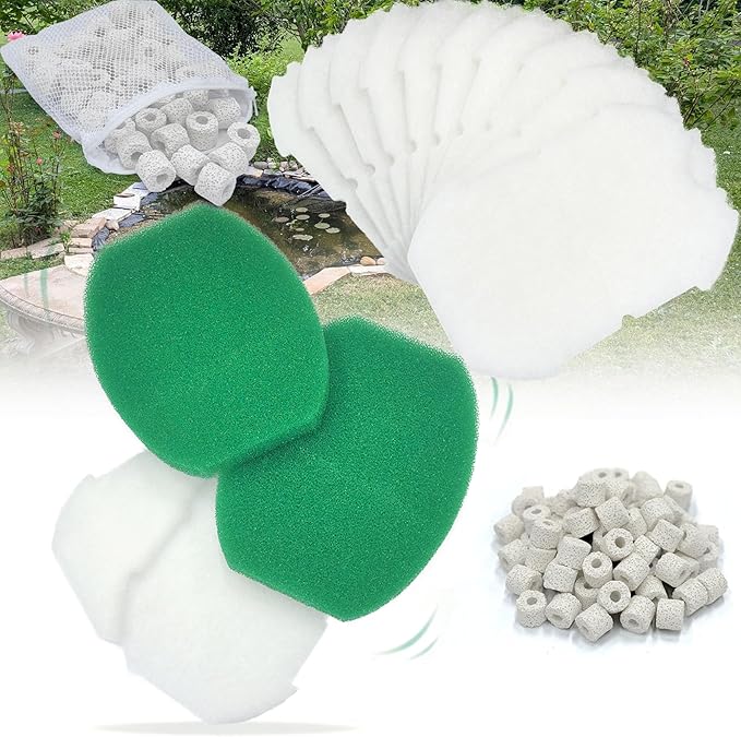NEWKE 16 Pack Filter Media Set for Aquagarden Suitable for Inpond 5in1 200 Gallon Model, Pond Filter White Floss & Foam Filter Pads & Ceramic Rings